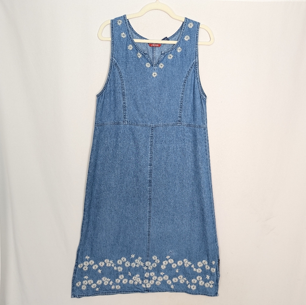 Vintage 90s Denim Embroidered Daisy Dress Floral